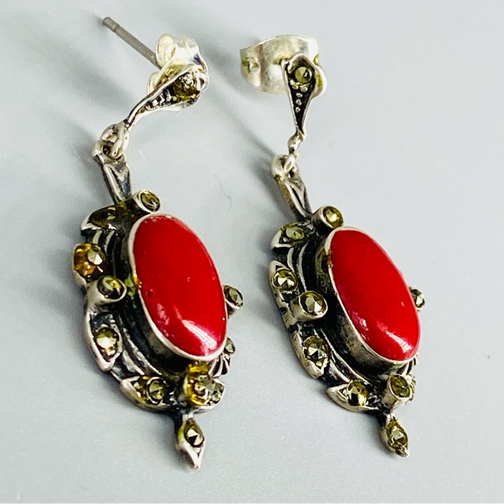 Vintage Sterling Silver Coral Red Cabochon & Marcasite Stones Earrings 1980s - Picture 2 of 16